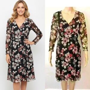 MEXX Floral  Romantic Mesh V Neck Black Long Sleeves Midi Dress Size Large.